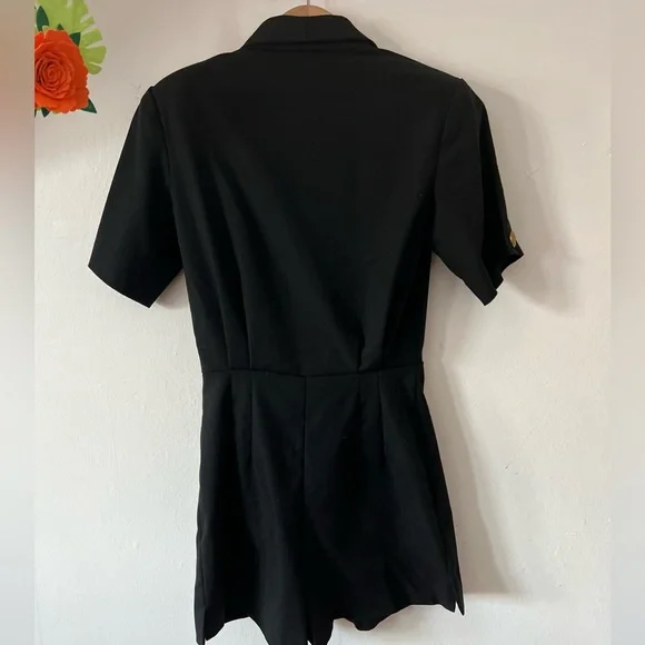 VTG MINT 90s tailored black romper suit gold buttons collar shoulder pads custom